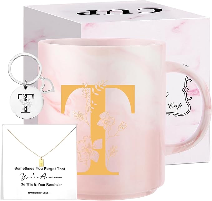 Monogrammed Christmas Gifts for Women, 11 oz Initial Ceramic Coffee Tea Mug with Necklace, Unique Birthday Gift for Her Wife Teacher Friend Mom, T