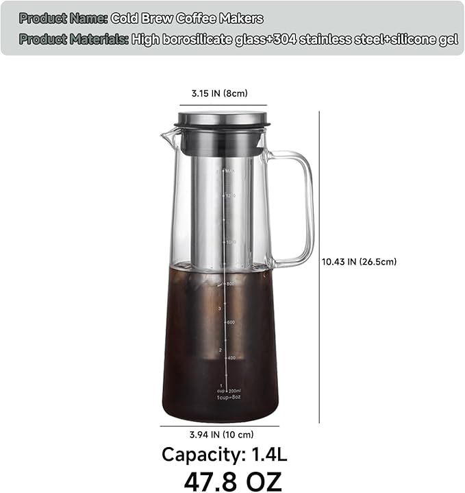 Cold Brew Coffee Maker Borosilicate Glass with 304 Stainless Steel Filter, Tea Infuser Ice Cold Brew Pitcher Kitchen, with Spout Kitchen Iced (48oz (1.4 L))