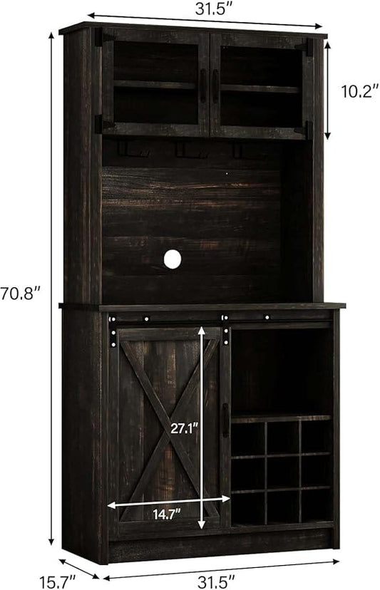 4ever2buy Farmhouse Coffee Bar Cabinet with Sliding Barn Door, 72" Hutch Coffee Bar with Storage, Large Kitchen Buffet Cabinet with Hutch, Tall Bar Cabinet Table for Living Dining Room, Oak