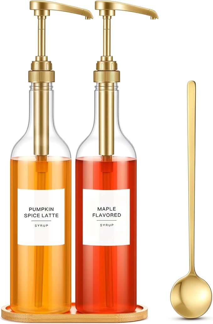 LemonRoad 2 Pack Coffee Syrup Dispenser for Coffee Bar 25.4 oz 750ml Plastic Syrup Dispenser Bottles with Bamboo Tray Pumps Scoop and Labels for Kitchen Bar Accessories
