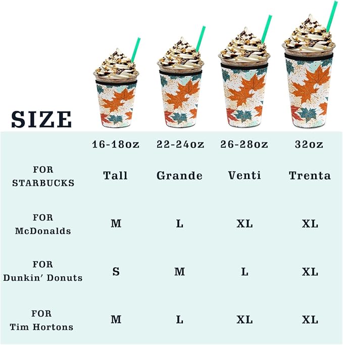 Colored Fall Maple Leaves Iced Coffee Sleeve for Cold Drink Cups, Reusable Neoprene Insulated Drink Sleeves Cup Cover for Beverages, Fits 16-18 oz