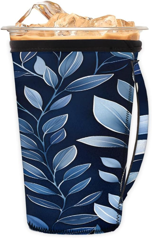 Reusable Iced Coffee Cup Sleeve Leaf Plants Neoprene Insulated Sleeves Cup Holder with handle Idea for 24oz - 28oz