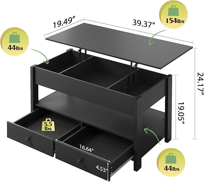 WLIVE Coffee Table, Lift Top Coffee Table with 2 Drawers, Large Storage and Open Shelf, Lift Tabletop for Living Room, Black