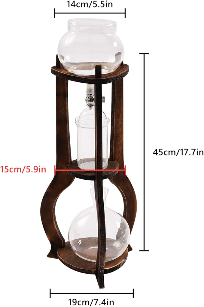 Tower Cold Brew Coffee Maker with Wood Tripod Stand, Adjustable Copper Drip Speed Valve, Ice Coffee Machine for Home, Coffee Shops, Cafes, Offices, Makes 6-8 Cups (Brown)
