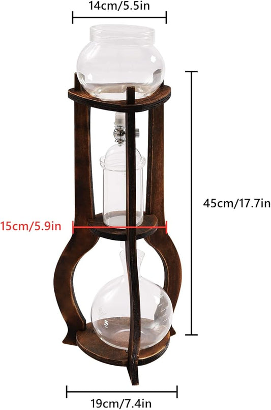 6-8 Cup Iced Coffee Cold Brew Drip Tower – 600ml Retro Hand-Blown Glass & Wood Coffee Maker, 3-5H Quick Extraction with Stainless Steel Filter (Brown)