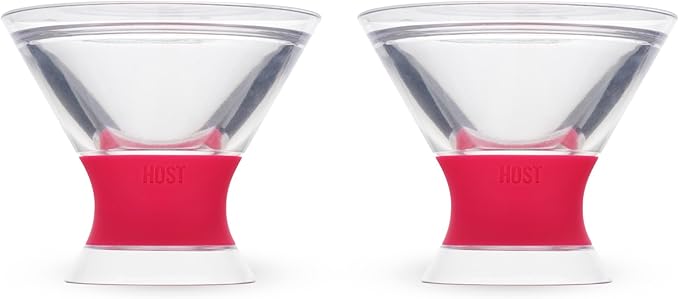 HOST Freeze Insulated Martini Cooling Cups, Plastic Freezer Gel Chiller Double Wall Stemless Cocktail Glass Bright Pink 9oz Set of 2