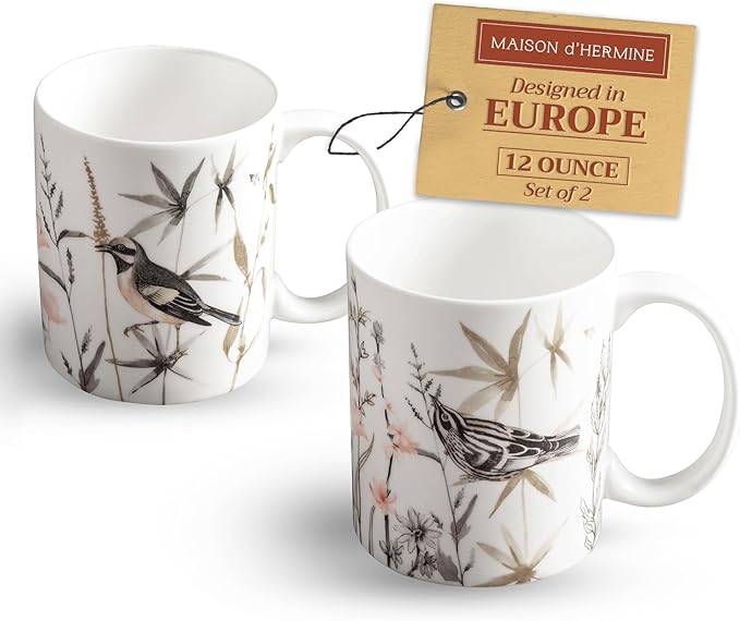 Maison d' Hermine Coffee Mug with Handles Fine Bone China Mugs Pack of Two Tea Cups for Hot Beverages Cappuccino Latte Home Restaurant Office Perfect for Gift (Meadow Florals - Brown, 12 Ounce)