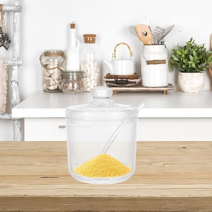 PRETYZOOM Acrylic Clear Sugar Bowl with Lid and Spoon, 330ml Sugar Storage Jar, Coffee Bar Accessories