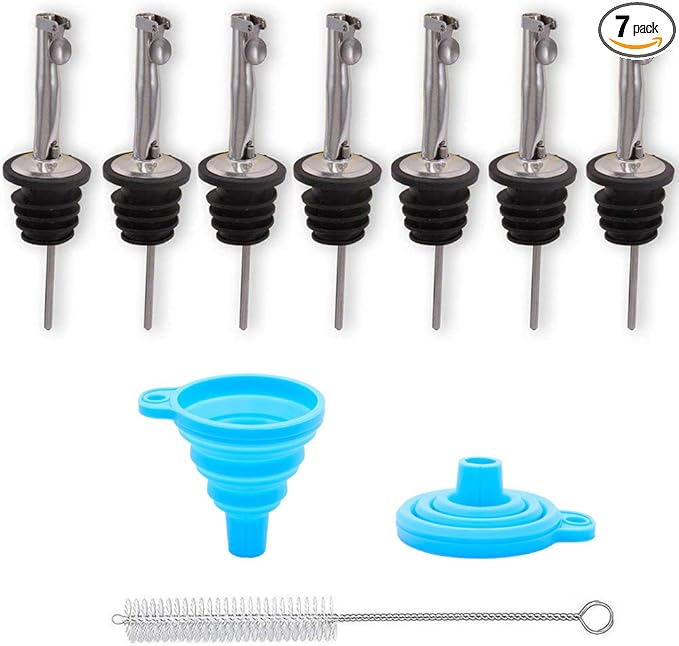 LEGERM 7-Piece Stainless Steel Flip Top Oil Pour Spouts with Funnel - Leakproof Speed Pourer Nozzles for 3/4" Bottles | Universal for Olive Oil, Vinegar & Liquor