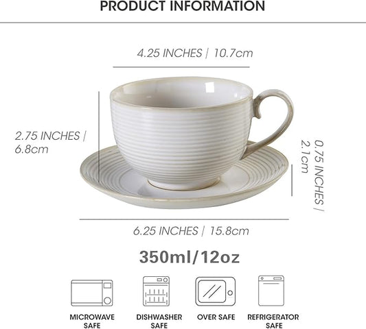 12Oz Coffee Cups with Saucers, Ceramic Espresso Cup Set of 4, Cappuccino Cups Set, Tea Mugs and Saucer, Microwave Dishwasher Safe Drinkware for Home, Cafe, Housewarming Gifts