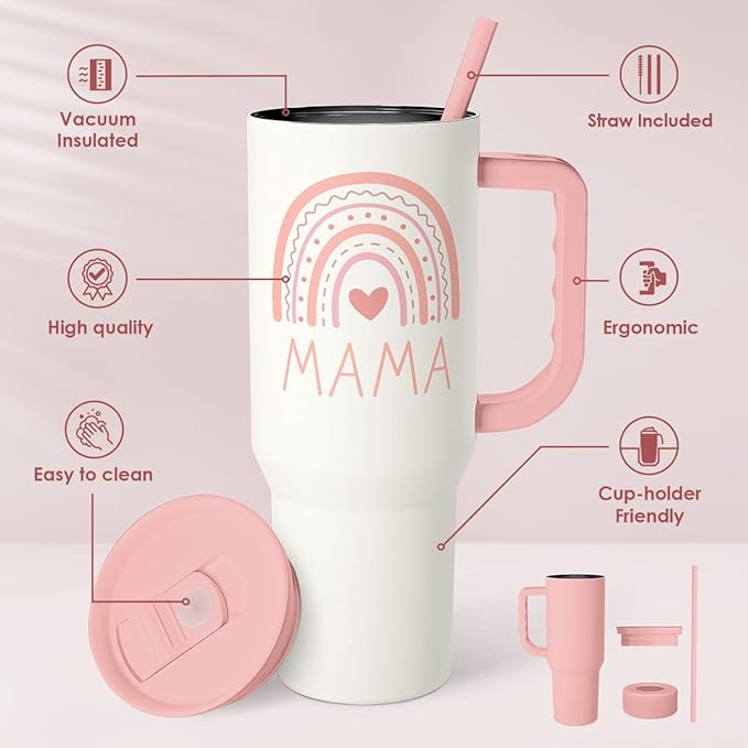 Gift for Mom from Daughter Son - Mama Insulated Stainless Steel Tumbler 40oz with Handle and Straw, Travel Coffee Mug for Mommy Moms - Gifts Idea for Birthday Christmas Mothers Day
