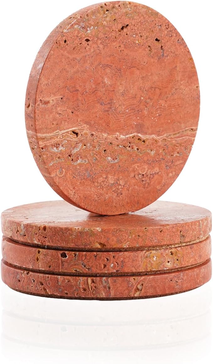 Red Travertine Coasters Set of 4, 10cm Diameter Natural Stone Coasters with Non-Slip Cork Backing, for Coffee Table Kitchen Office Decor