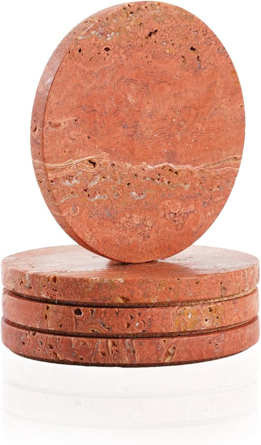 Red Travertine Coasters Set of 4, 10cm Diameter Natural Stone Coasters with Non-Slip Cork Backing, for Coffee Table Kitchen Office Decor