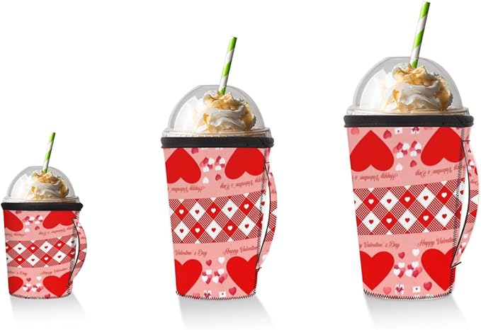 Red Love Heart Reusable Coffee Sleeves Iced Coffee Cozy Insulator,Valentine's Day Neoprene Holder with Handle for Cold Coffee or Ice Drink, Large 30-32oz