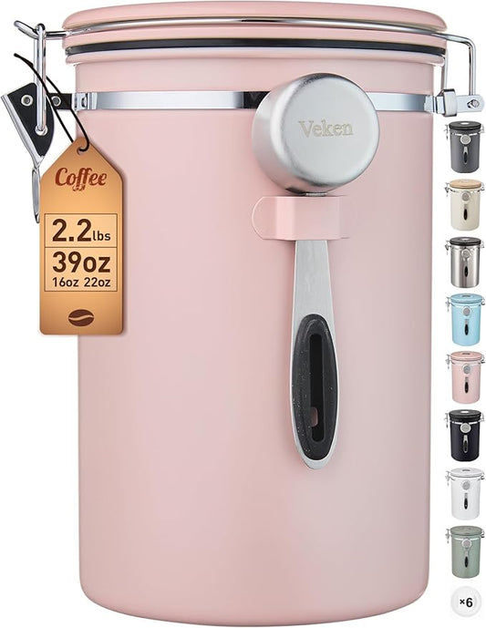 Veken Coffee Canister, 39OZ Large, Airtight Stainless Steel Food Storage Container for 2.2lbs Coffee Beans, Ground, Sugar, Tea, Cookie,Flour, Kitchen Bar Accessories with Date Tracker & Scoop, Pink