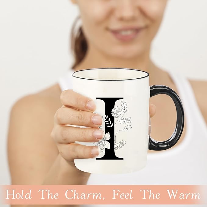 Monogram Ceramic Coffee Mugs, 11 oz Initial Drinking Cup with Gift Box, Unique Birthday Christmas Gifts for Women Wife Mothers Day Grandma Mom Aunt, I
