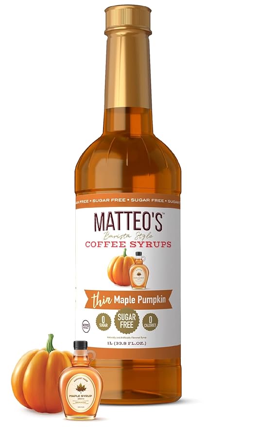 Matteo's Maple Pumpkin Syrup for Coffee, Lattes, Cappuccinos & Desserts – Sugar-Free Sweetener for Beverages, Keto Friendly, Zero Calories, Indulgent Flavor, Non-Alcoholic, 33.8oz (1pk)