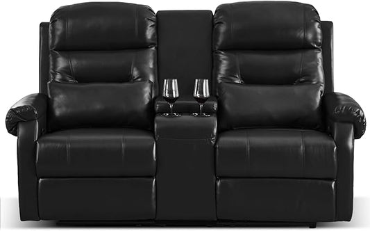 DRMBOOK RV Loveseat Recliner Sofa with Console, Faux Leather Double Wall Hugger Reclining Couch Manual Home Movie Seating 2 Person Recliner Chair with Cup Holders/Storage/Pocket/Lumbar Pillow, Black