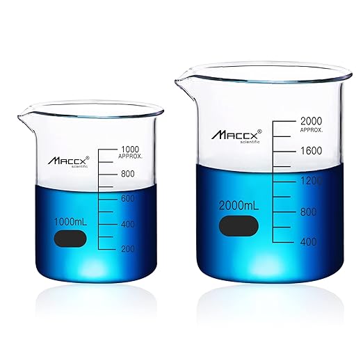 Sturdy Glass Beakers, 2 Sizes of 1000ml 2000ml,3.3 Borosilicate Griffin Low Form with Printed Graduation, BKLS06-002