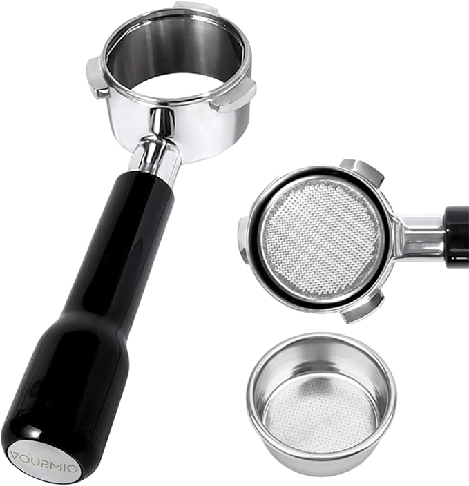 VOURMIO 54mm Bottomless Portafilter - 3 Ears with Stainless Steel Filter Basket, Fits Breville Barista Express, Pro, Touch, Bambino Plus, Infuser (880BSS, 870XL, 878BSS, 500BSS, 840XL), Black