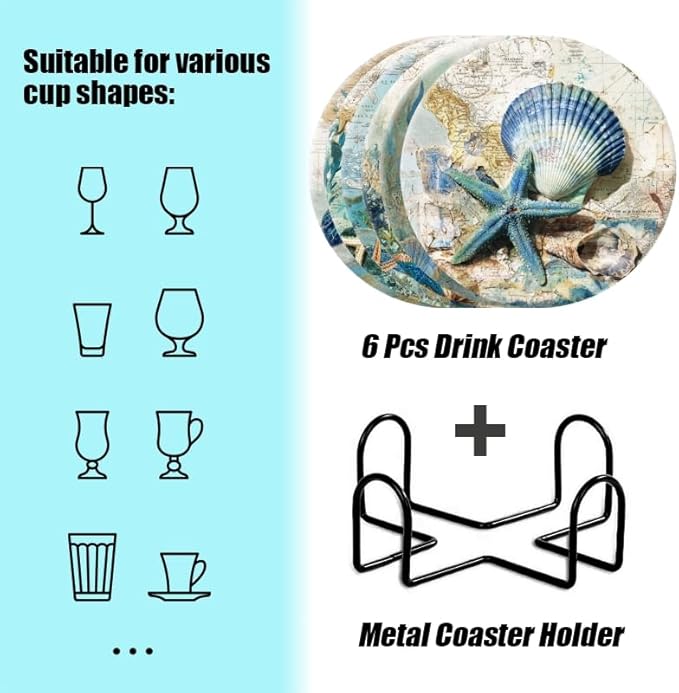 Coasters for Drink Set of 6,Vintage Marine Animal Absorbent Coasters Round Cork Bases Ceramic Coasters,Coastal Beach Coasters for Indoor/Outdoor Bar Decor,Wooden Dining Tables,Coffee Tables,4 in