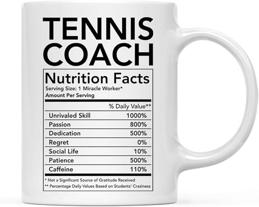 Andaz Press Funny 11oz. Ceramic Coffee Tea Mug Thank You Gift, Tennis Coach Nutritional Facts, 1-Pack