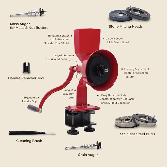 WONDERMILL Junior Deluxe Grain Mill for Flour, Hand Crank Wheat Mill for Grains, Nuts, Seeds, Oily Foods & Spices, Grain Grinder with Stone and Stainless Steel Burrs (Red)