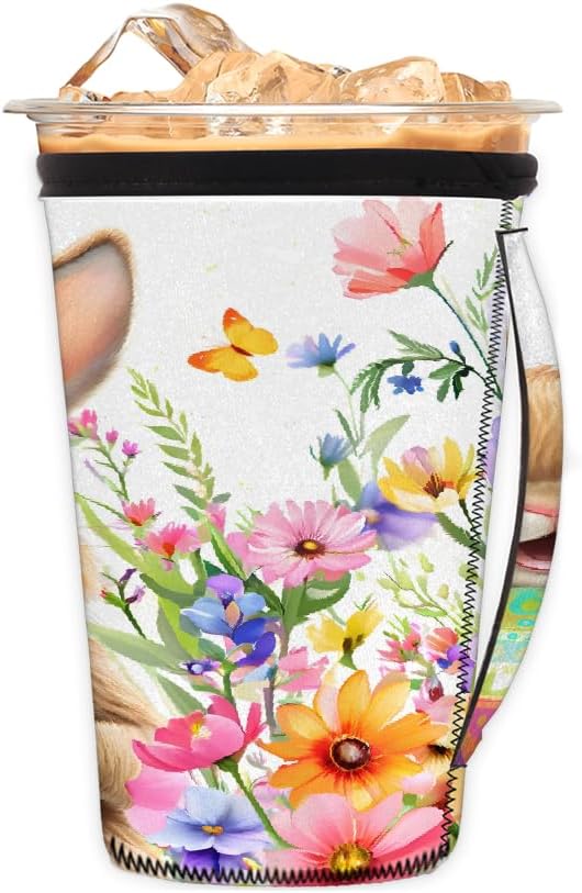 Flowers with Rabbit Reusable Coffee Sleeves Iced Coffee Cozy Insulator, Neoprene Holder with Handle for Cold Coffee or Ice Drink, Small 16-18oz
