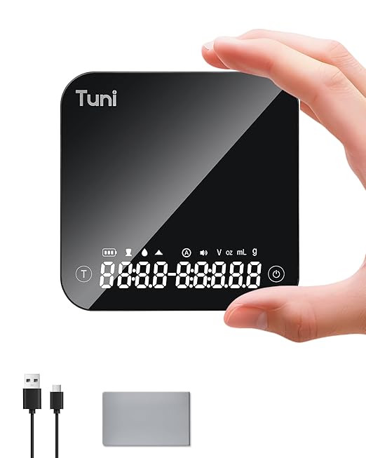 Tuni Rechargeable Mini Coffee Scale with Timer, 2kg/0.1g Accurate Espresso Scale for Espresso and Pour-Over Coffee, Portable Digital Kitchen Scale with Automatic Timing, Black