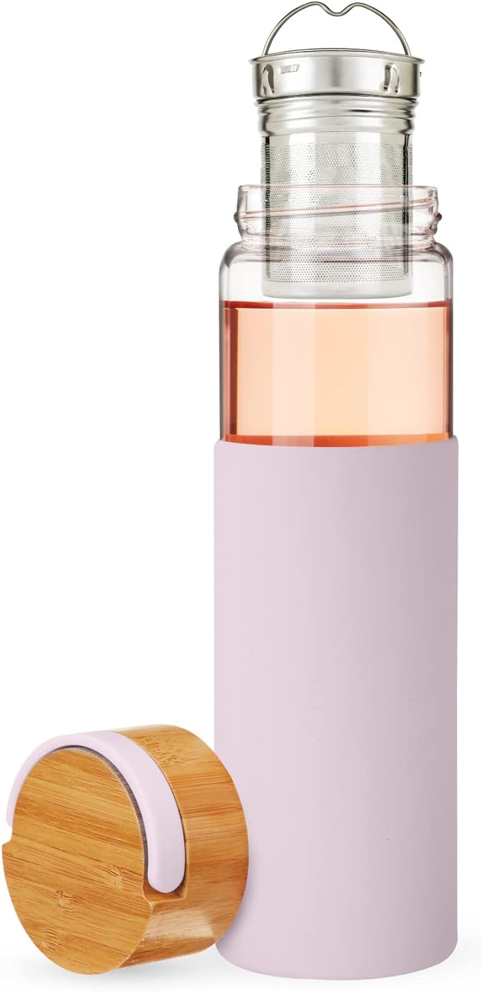 Pinky Up Dana Tea Infuser Mug with Strainer and Lid, Insulated Glass Tumbler for Home Office, Travel, Picnic, Camping, 16 oz, Set of 1, Purple