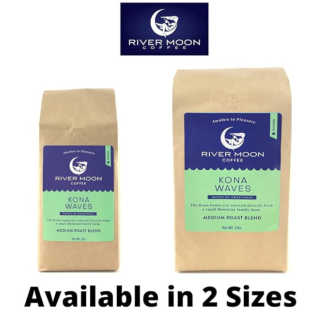 River Moon Coffee, Kona Coffee Ground, Medium Roast, 16 Ounces, Kona Waves Hawaiian Blend, Sustainably Farmed, 100% Arabica