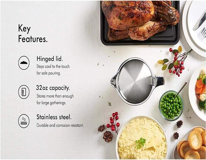 Double Insulated Gravy Boat - Stainless Steel Sauce Jug with Hinged Lid Hinged Lid Ideal for Gravy or Cream at Thanksgiving (450ML/16 OZ)