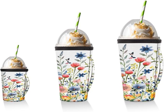 Reusable Iced Coffee Cup Sleeve Spring Flowers Neoprene Insulated Sleeves Cup Holder with handle Idea for 24oz - 28oz