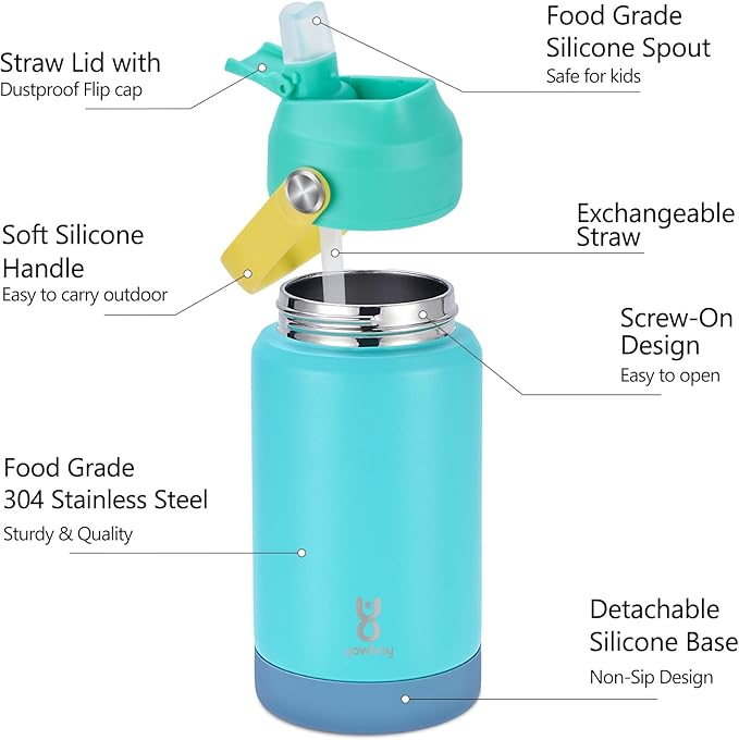 Kids Water Bottle for School 12 oz,Stainless Steel Insulated Water Bottles,Pink Water Bottles for Toddler Girls Boys with Straw Lids & Handle(Blue)