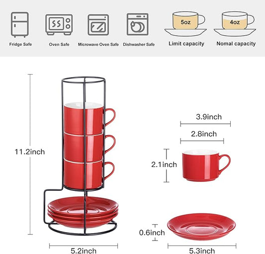 Meichu 4oz Porcelain Stackable Espresso Cups with Saucers and Metal Stand Set of 4, Stackable Espresso Cups Set of 4, Red Expresso Shots Cup Set for Coffee Drinks, Cappuccino Latte, Americano, Tea