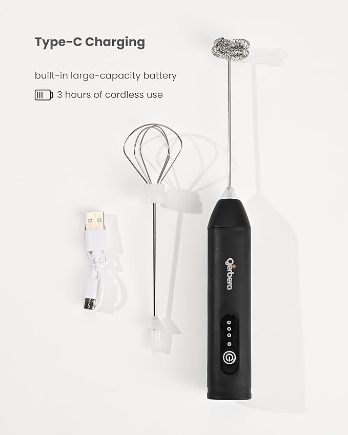 Gerbera Rechargeable Milk Frother Handheld,3 Speed Adjustable Electric Whisk Foam Maker, Handheld Drink Mixer, Frother Wand,Milk Foamer for Protein Powder, Drinks (Black)