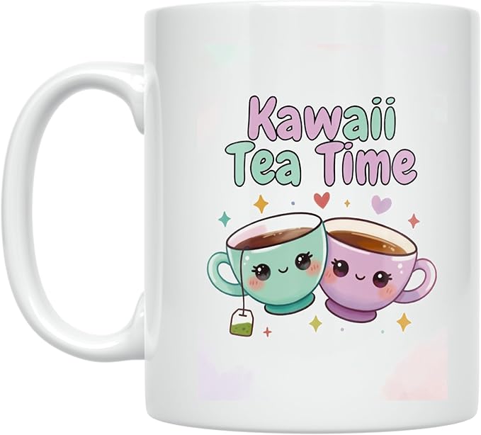 Kawaii Tea Time Clinking Cups - Beverage Lover - 11 oz White Ceramic Coffee Mug - Cute Aesthetic