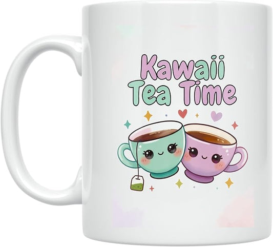 Kawaii Tea Time Clinking Cups - Beverage Lover - 11 oz White Ceramic Coffee Mug - Cute Aesthetic