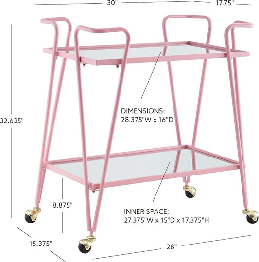 Gina Pink Mid-Century Bar Cart with Mirrored Shelves and Locking Wheels by Linon