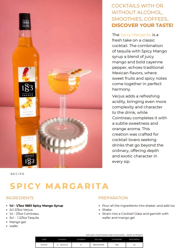 1883 Spicy Mango Syrup for Drinks, Made in France, 1 Liter Glass Bottle