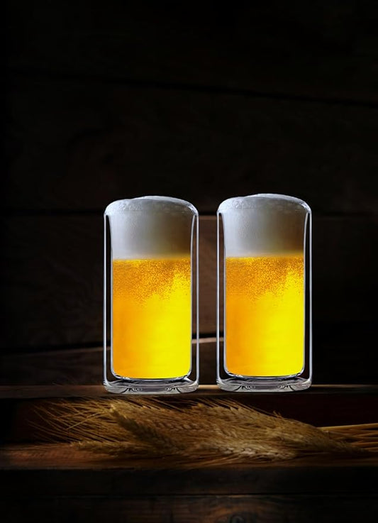 Sun's Tea 13oz Ultra Clear Strong Double Wall Thermal Insulated Highball Drinking Glasses for Beer, Coffee, Juice, Smoothie, Mojito, Soda, Milk and Mixed Beverages, Set of 2 (real glass, not-plastic)