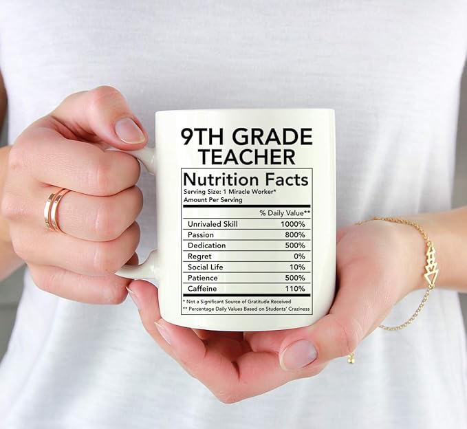 Andaz Press Funny 11oz. Ceramic Coffee Tea Mug Thank You Gift, 9th Grade Teacher Nutritional Facts, 1-Pack