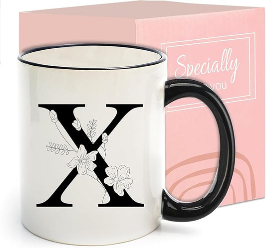 Monogram Ceramic Coffee Mugs, 11 oz Initial Drinking Cup with Gift Box, Unique Birthday Valentines Day Gifts for Women Wife Mothers Day Grandma Mom Aunt, X
