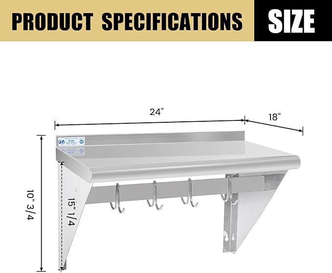 Hally Stainless Steel Shelf with 4 Hooks 18" x 24" Wall Mounted Pot Rack 300lb, NSF Commercial Floating Shelving for Storage Hanging Pots, Pans, cookware in Restaurant, Kitchen, Home and Hotel
