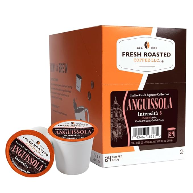 Fresh Roasted Coffee, Anguissola Italian Craft Artisan Blend, Dark Roast, Kosher, 24 Pods for K cup Brewers
