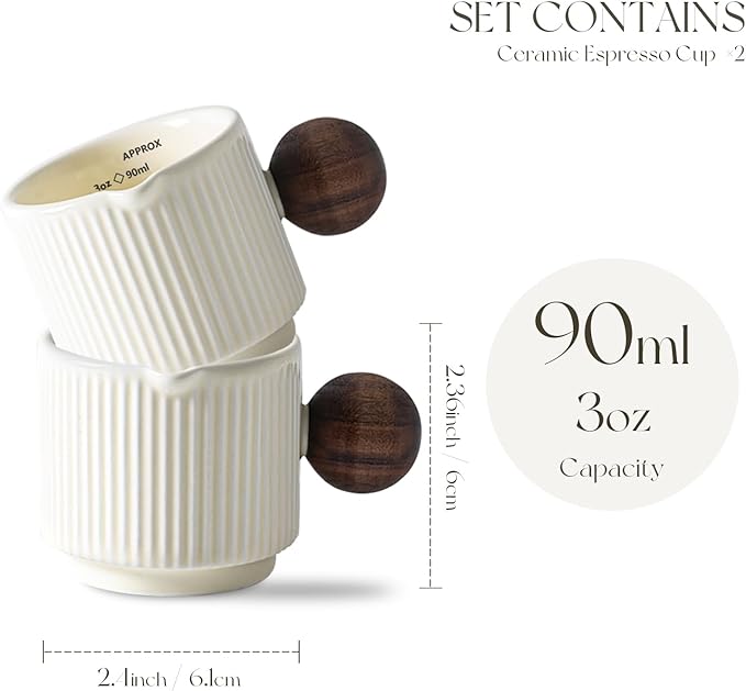 KEMORELA Ceramic Espresso Cups with Spouts & Handles, 3 oz & 90 Milliliter Markings, Espresso Shots, Durable Heat-Resistant Ceramic, Perfect Coffee Accessories for Espresso Lovers (White)