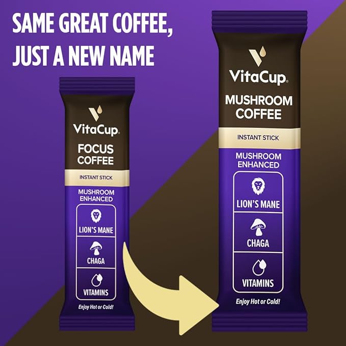 VitaCup Mushroom Coffee Instant Packets, for Memory & Clarity Support, w/Fiber, Chaga, Lion’s Mane, D3, B Vitamins, Medium Roast, 100% Arabica & Robusta Coffee in Single Serve Sticks, 72 Ct