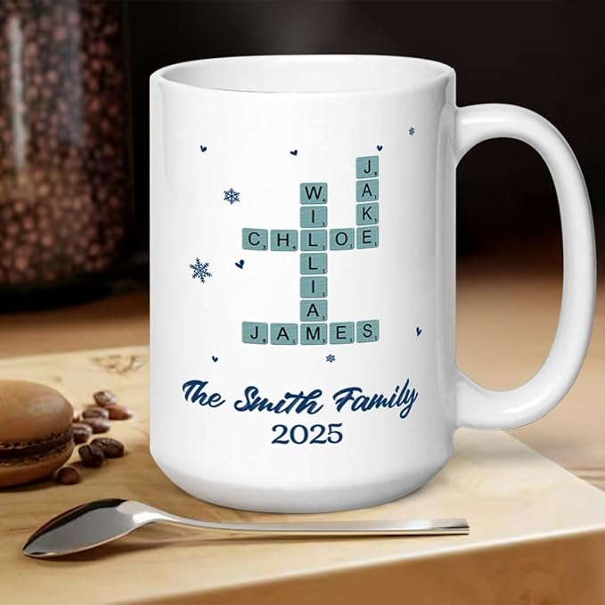 Joymade Personalized Ceramic Coffee Mug, Funny Custom Mug for Bestie, Friends, Couple, Coworker, Snowman Lovers (Family Name Scrabble Christmas)