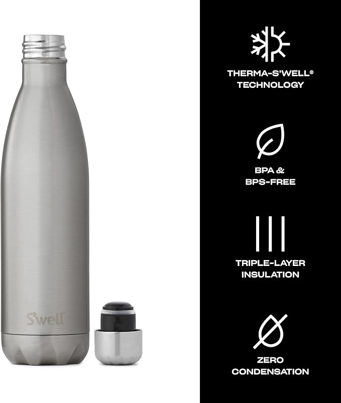 S'well Stainless Steel Water Bottle, 25oz, Silver Lining, Triple Layered Vacuum Insulated Containers Keeps Drinks Cold for 48 Hours and Hot for 24, BPA Free, Perfect for On the Go