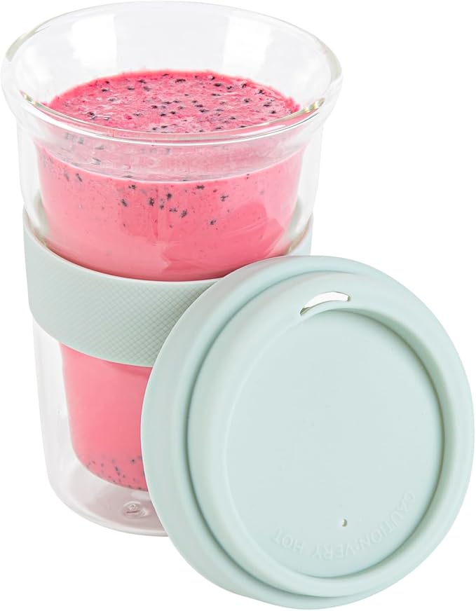 Restaurantware Glass Travel Mug 1 Count 14 Ounce Double Wall Borosilicate Reusable Coffee Cup, Spill-Resistant Mint Green Silicone Lid, Clear Drinkware Mug for Hot and Cold Beverages